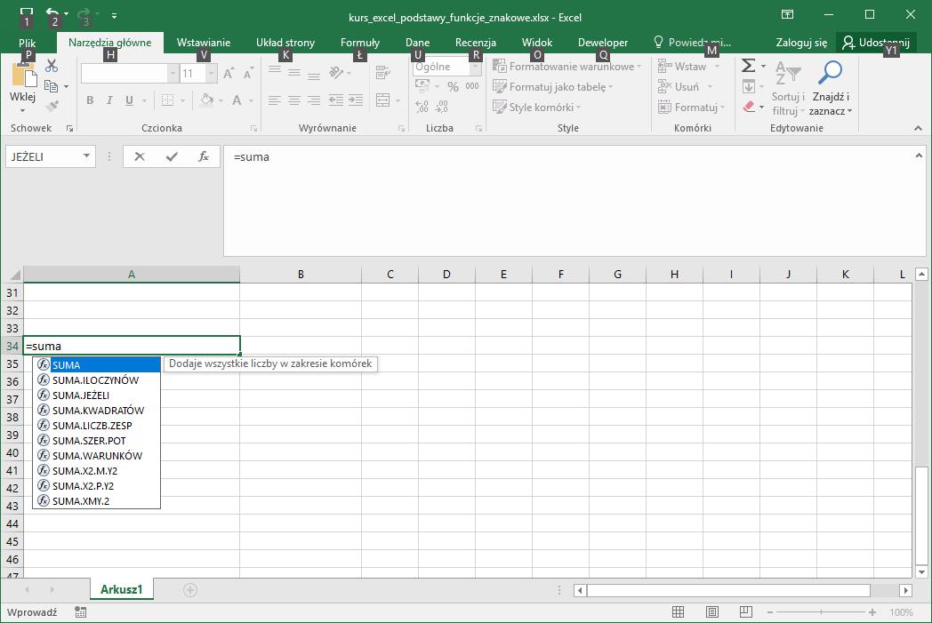Kurs Excel Podstawy - Excel funkcje
