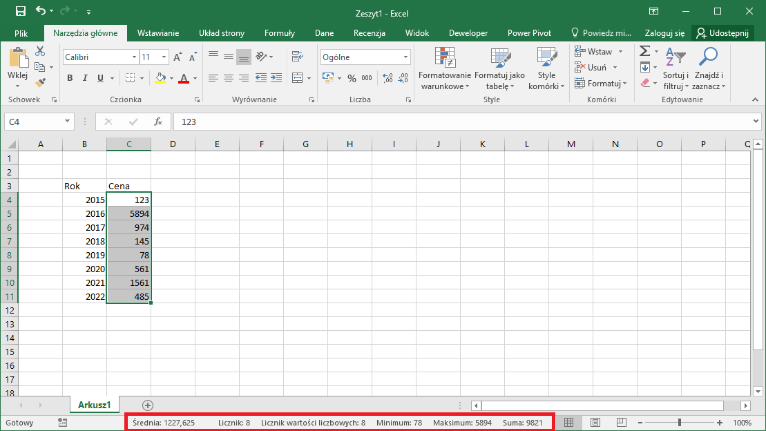 Kurs Excel Podstawy - szybkie obliczenia na pasku