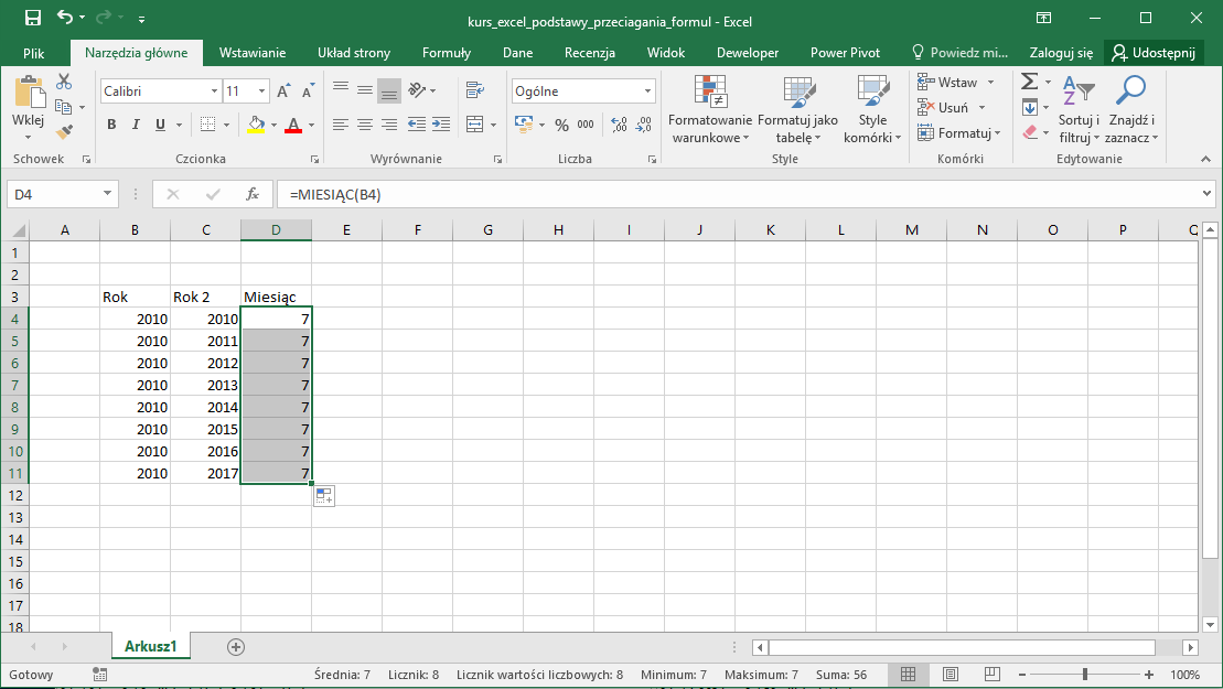 Kurs Excel Podstawy - przeciąganie komórek i wzorów