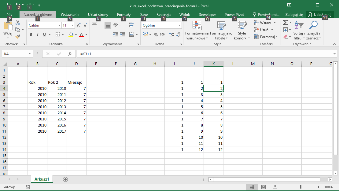 Kurs Excel Podstawy - przeciąganie formuł. Tworzenie kolejnych liczb