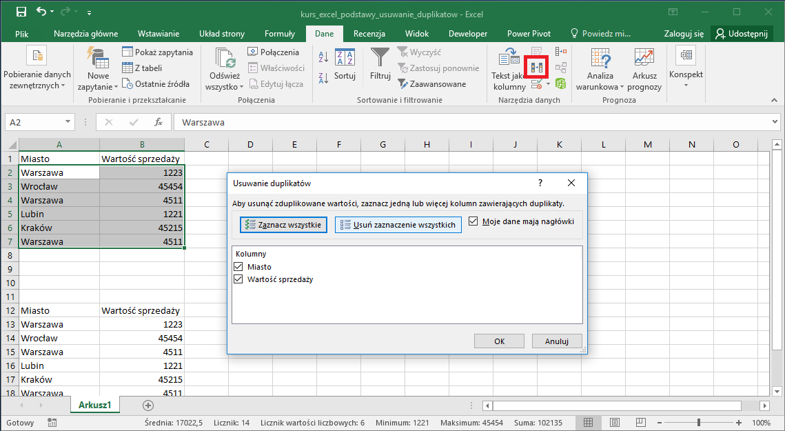 Kurs Excel Podstawy - Excel usuwanie duplikatów