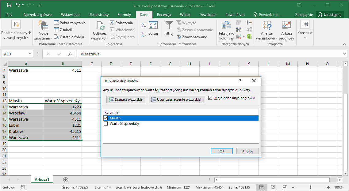 Kurs Excel Podstawy - Usuwanie duplikatów Excel