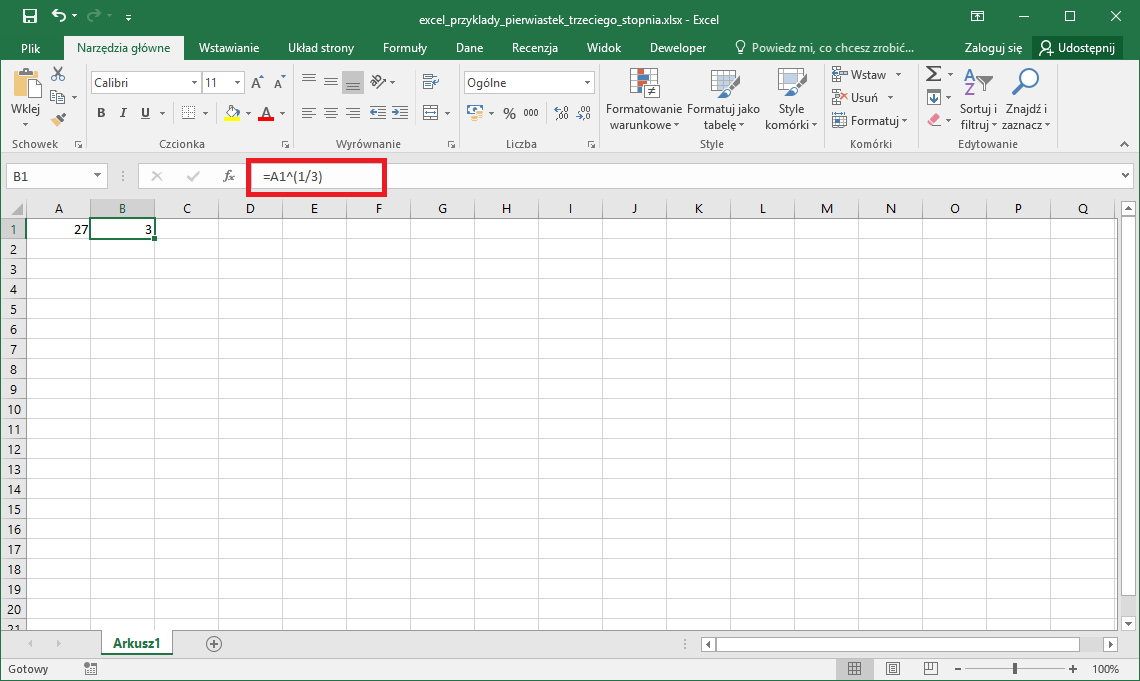 Excel przykłady - Pierwiastek trzeciego stopnia Excel