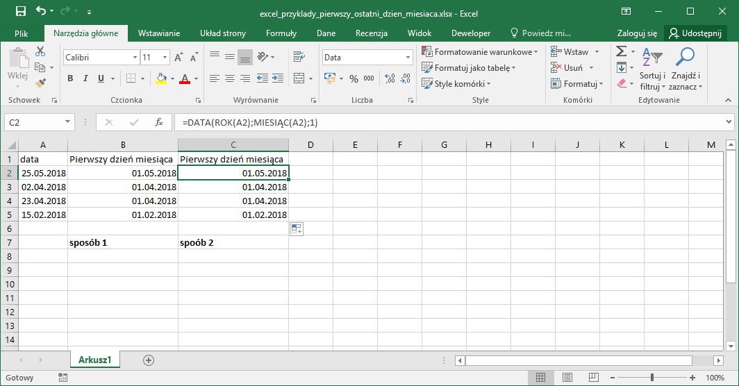 Excel przykłady - Pierwszy dzień miesiąca Excel na podstawie daty
