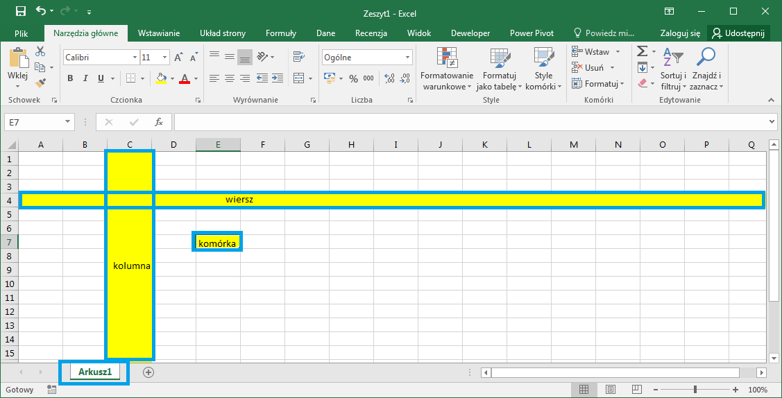 Budowa arkusza danych Excel. Wiersz, kolumna, komórka
