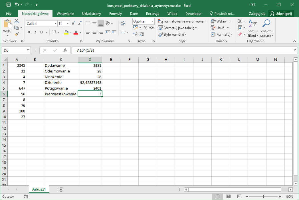 Kurs Excel Podstawy - działania arytmetyczne w Excel