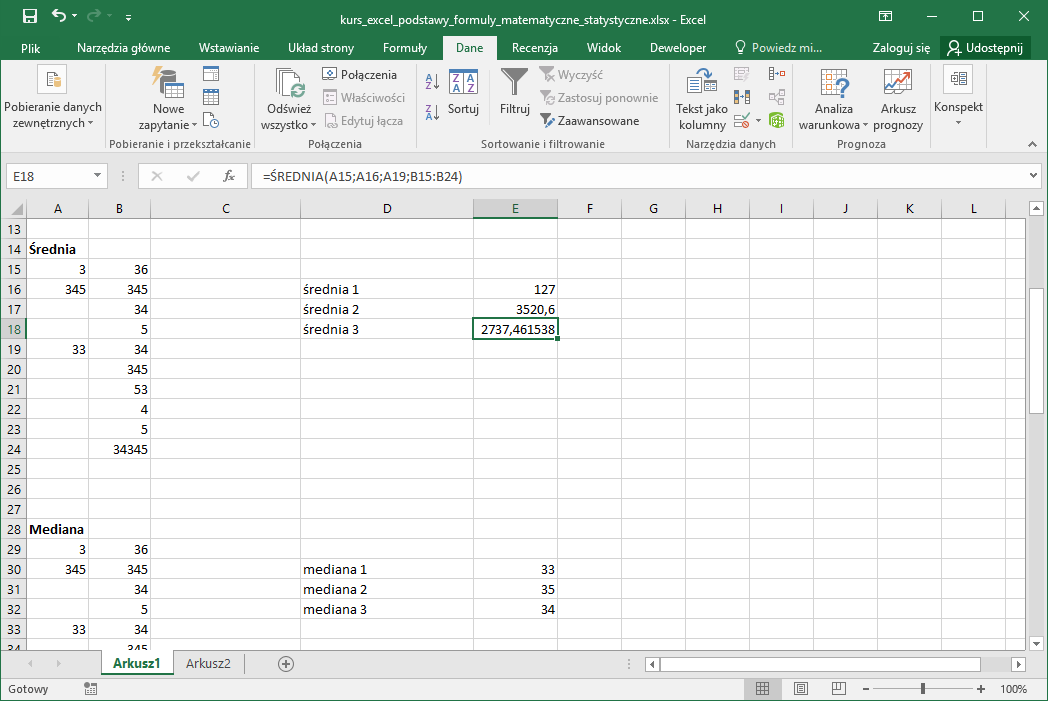 Kurs Excel podstawy - Funkcje Matematyczne - Excel Średnia
