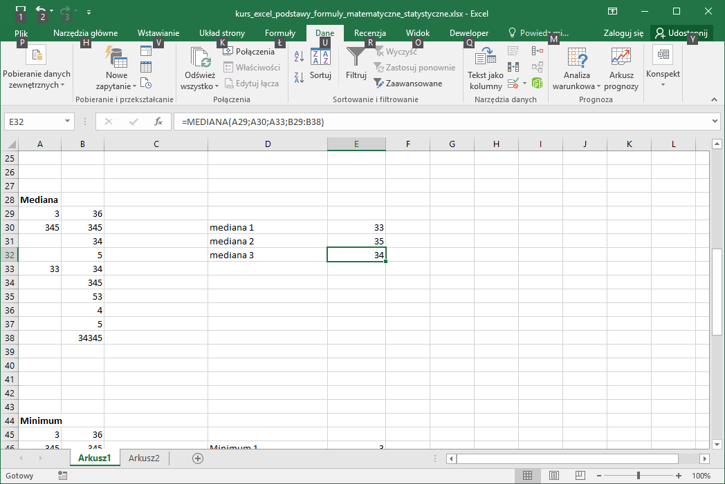 Kurs Excel podstawy - Funkcje Matematyczne - Excel Mediana
