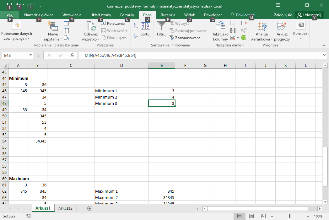 Kurs Excel podstawy - Funkcje Matematyczne - Excel Minimum
