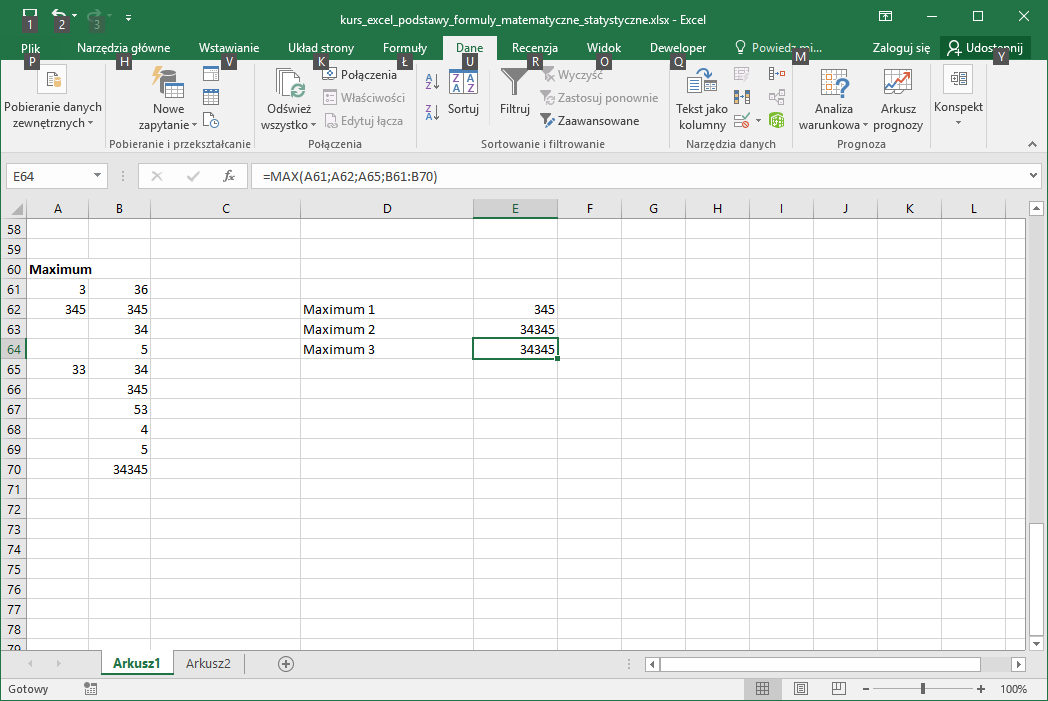 Kurs Excel podstawy - Funkcje Matematyczne - Excel Maksimum