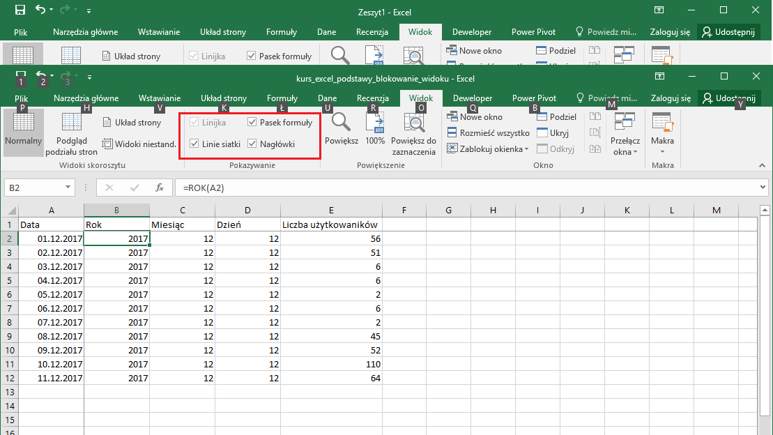 Kurs Excel Podstawy - opcje wyświetlania