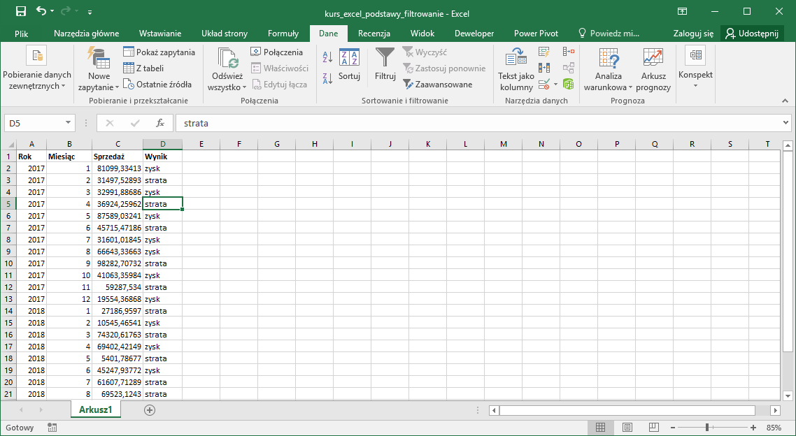 Kurs Excel Podstawy - Excel filtrowanie wierszy