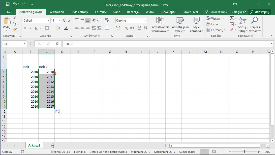 Kurs Excel Podstawy - przeciąganie formuł