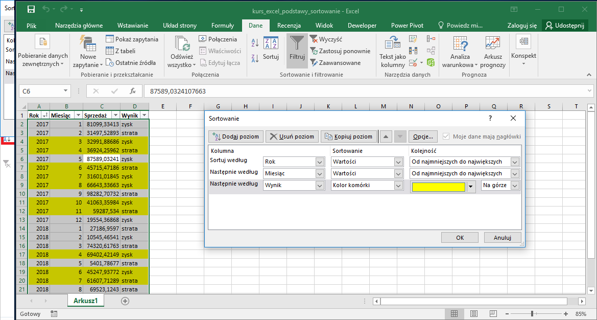 Kurs Excel Podstawy - sortowanie Excel