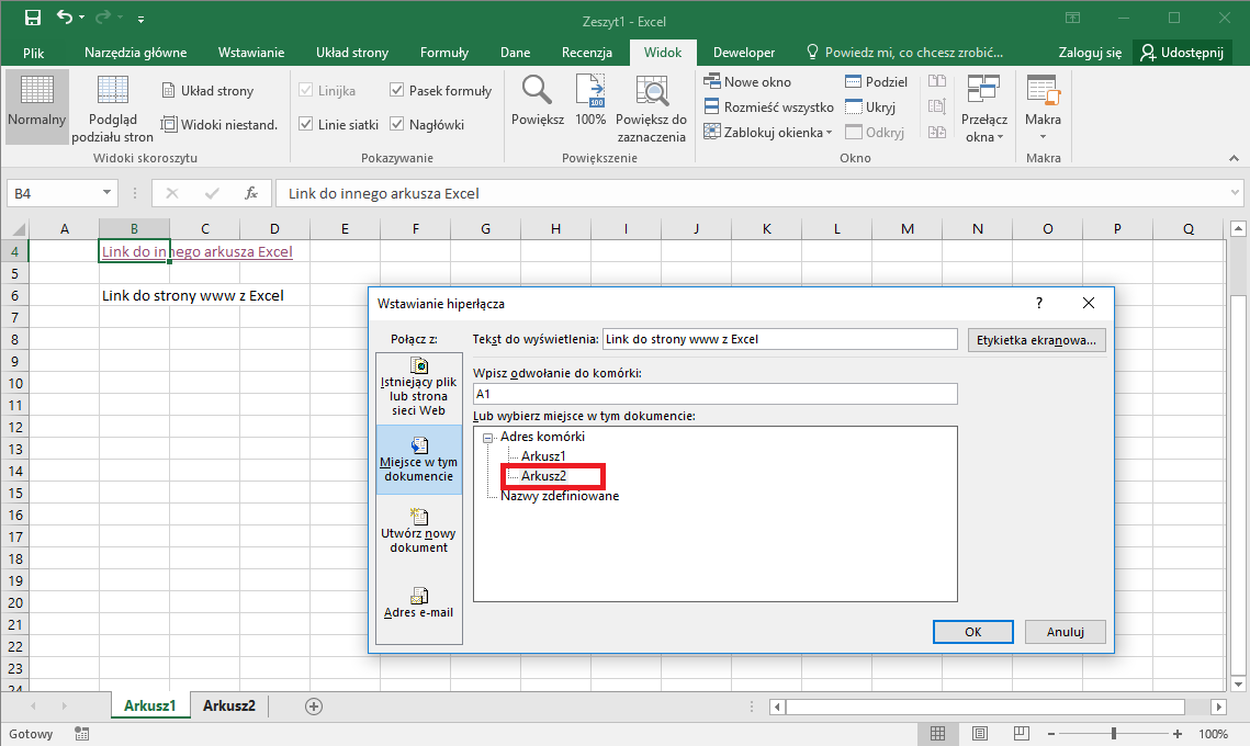 Excel przykłady - Hiperlink w Excel do innego arkusza