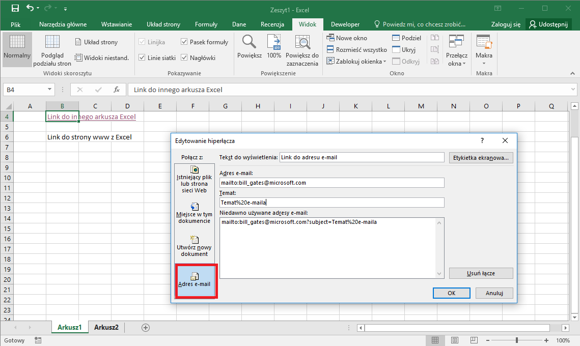 Excel przykłady - Hiperlink w Excel do adresu e-mail