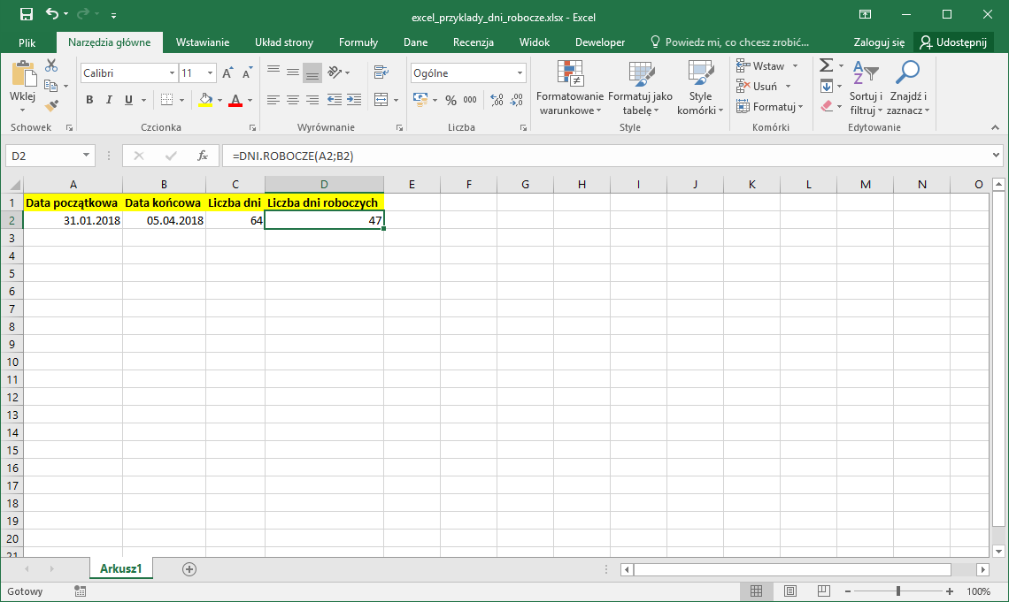 Excel przykłady - Jak obliczyć dni robocze w Excel