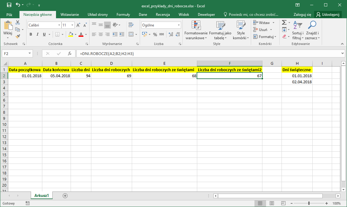 Excel przykłady - dni robocze. Wiele dni świątecznych