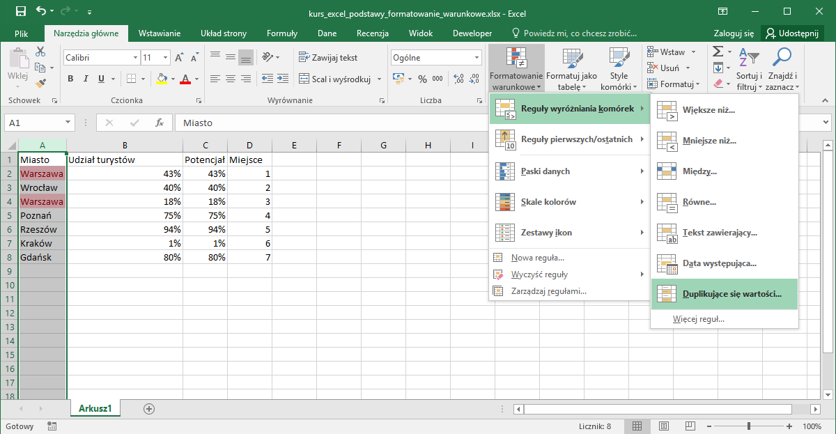 Kurs Excel Podstawy - Excel formatowanie warunkowe