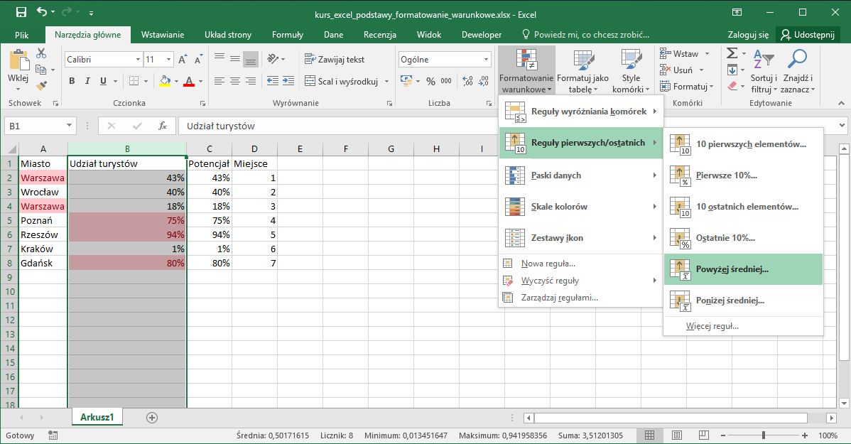 Kurs Excel Podstawy - Formatowanie warunkowe. Reguły pierwszych i ostatnich