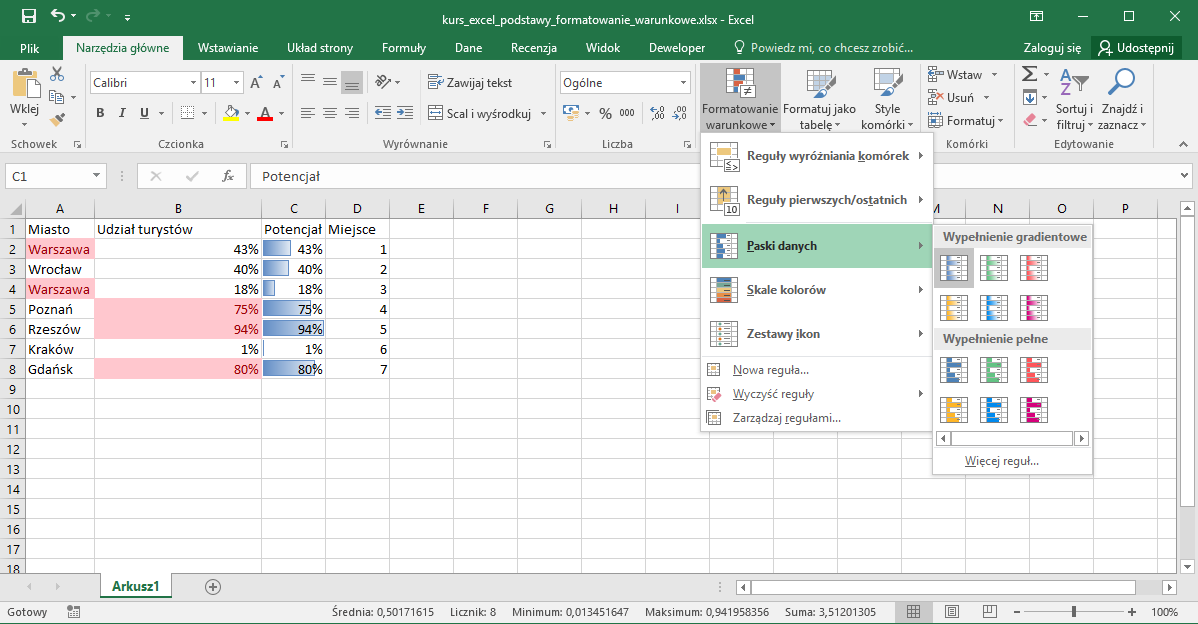 Kurs Excel Podstawy - Formatowanie warunkowe. Paski danych