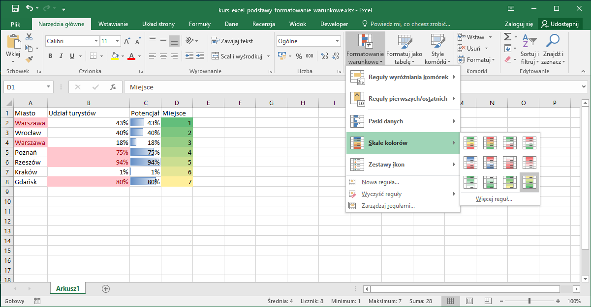 Kurs Excel Podstawy - Formatowanie warunkowe. Skale kolorów