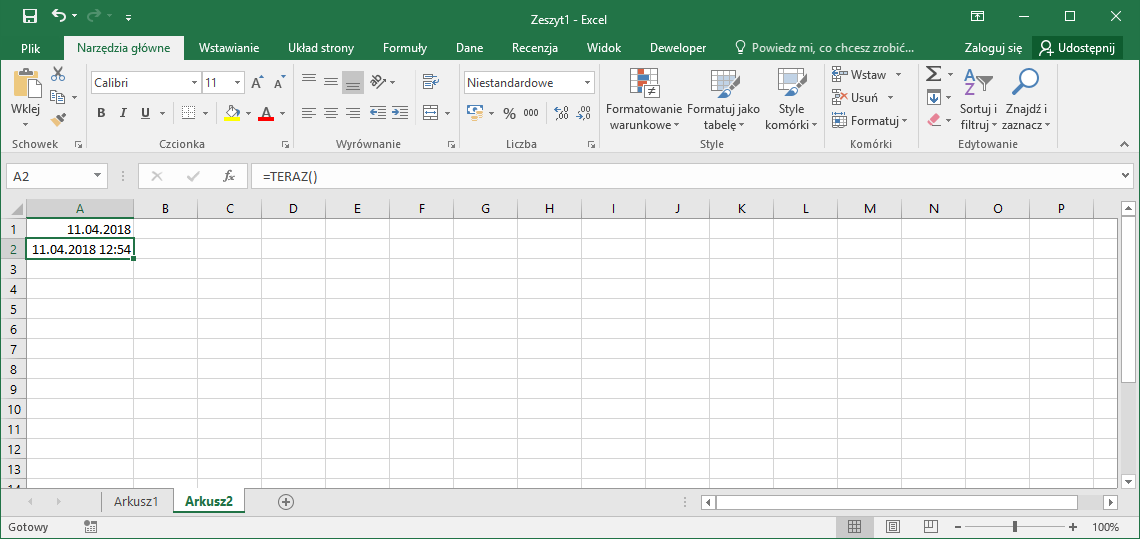 Excel przykłady - Bieżąca data i godzina w Excel