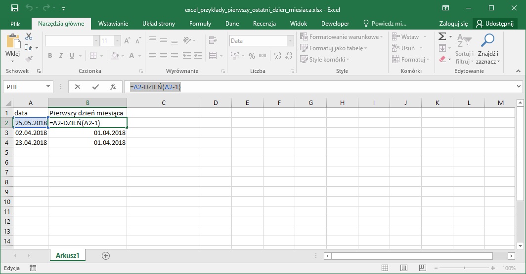 Excel przykłady - Jak obliczyć pierwszy dzień miesiąca w Excel