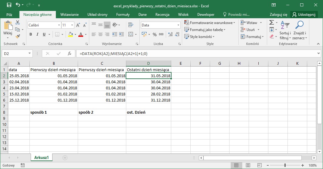 Excel przykłady - Jak obliczyć ostatni dzień miesiąca w Excel