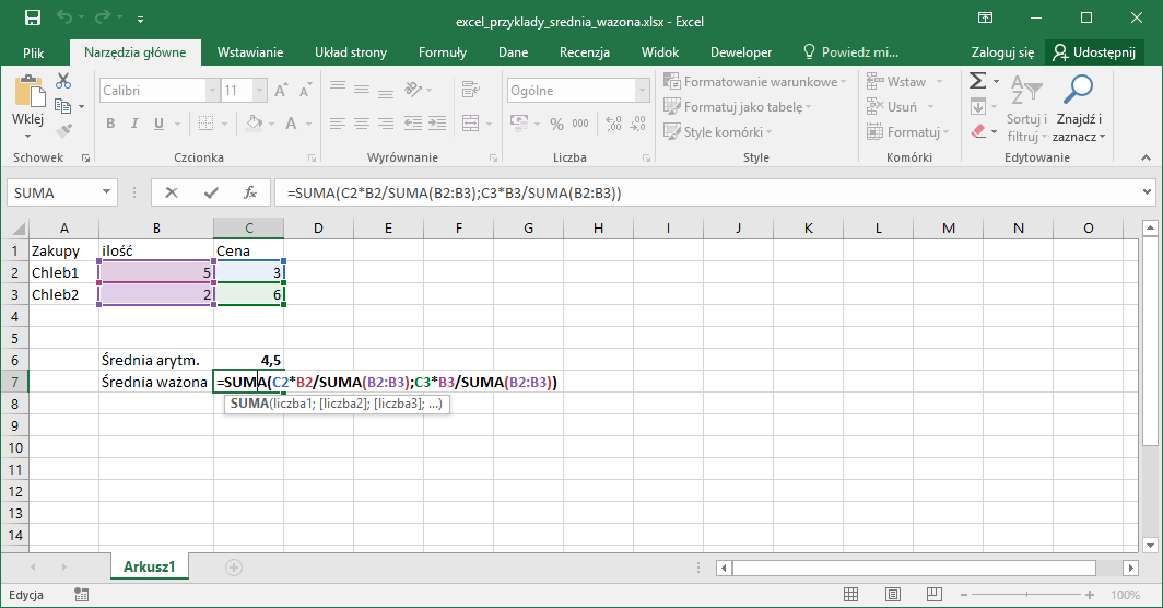 Excel przykłady - Excel średnia ważona